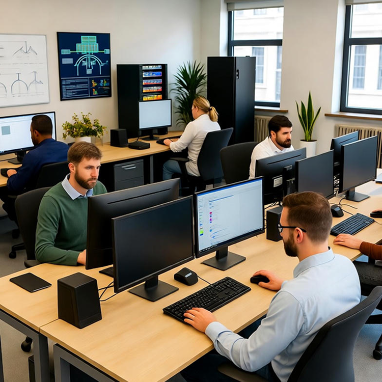 Software engineers collaborating at multiple monitors